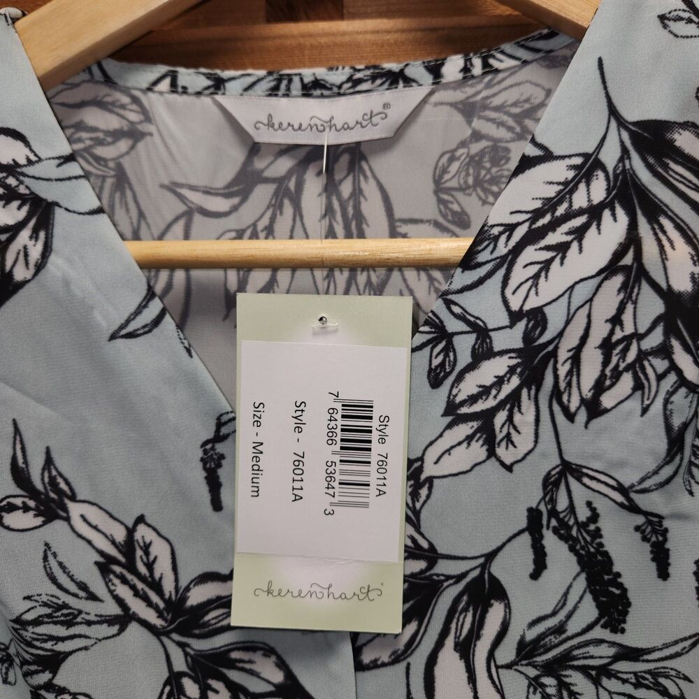 NWT Karen Hart Blue Floral Leaf 3/4 Sleeve Shirt Button Blouse Women M Polyester - Picture 6 of 11